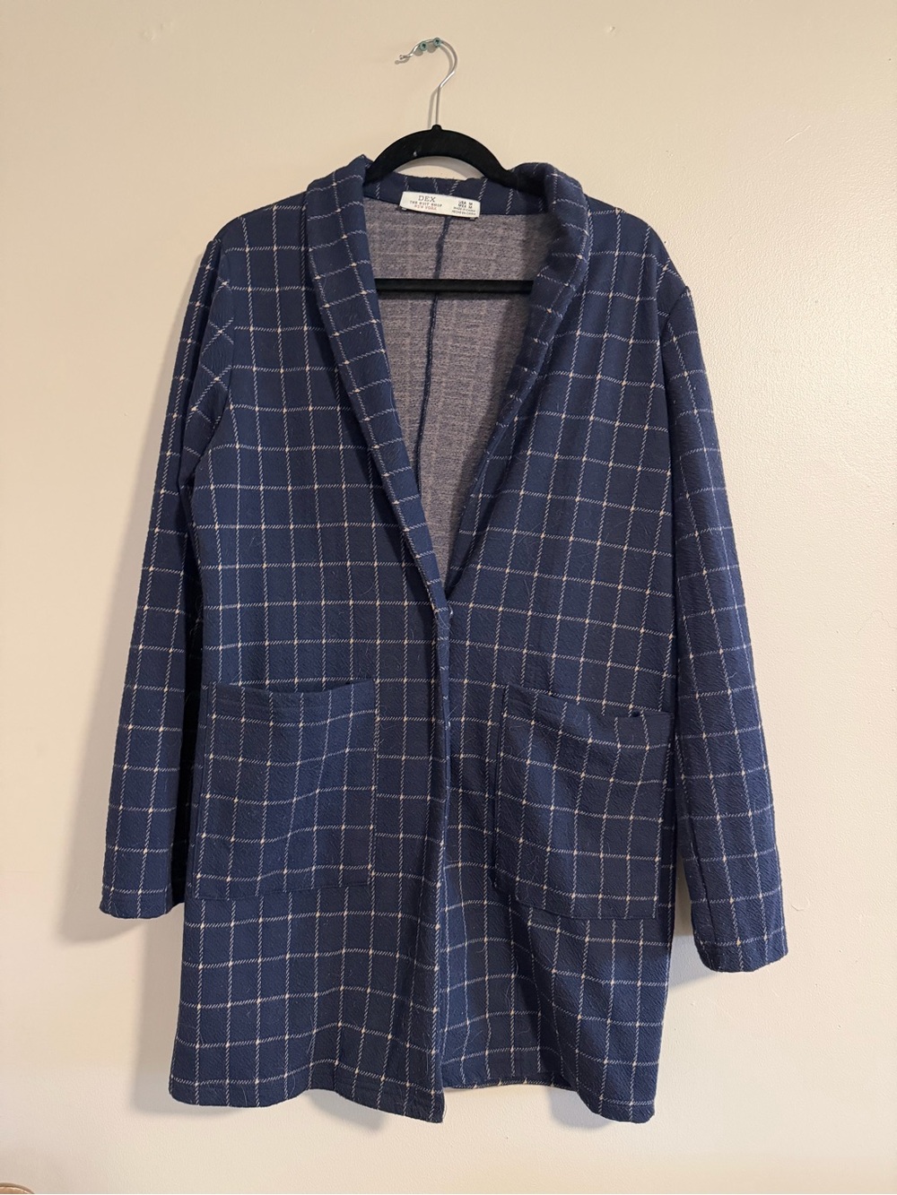 Dex Navy and White Windowpane Open Cardigan